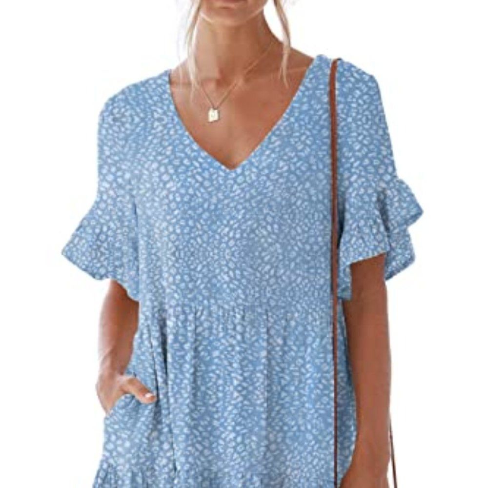 nclook Women's Summer Casual Dress Sweet & Cute V-Neck Mini Dress with Pocket Sh